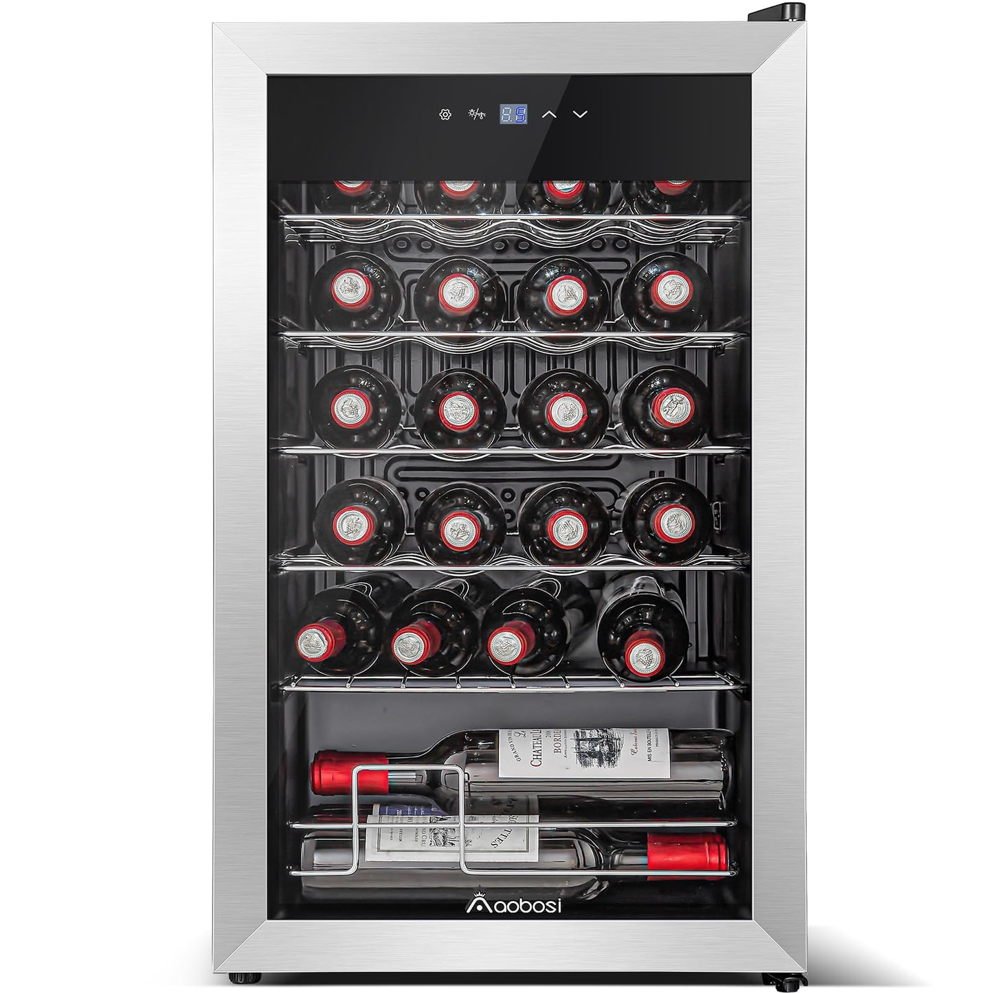 AAOBOSI 17 Inch Wine Cooler, 24 Bottles Wine Fridge, Wine Refrigerator Small with LED Display Light, Freestanding Wine Cellar with Low Noise Compressor, Adjustable Shelves