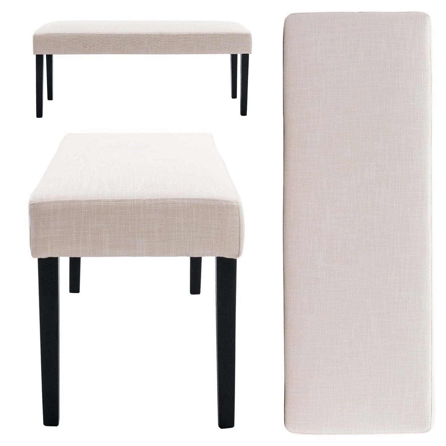 Wahson Farmhouse Linen Upholstered Dining Bench, 45" Long Dining Room Bench Seat with Black Wood Legs, Beige