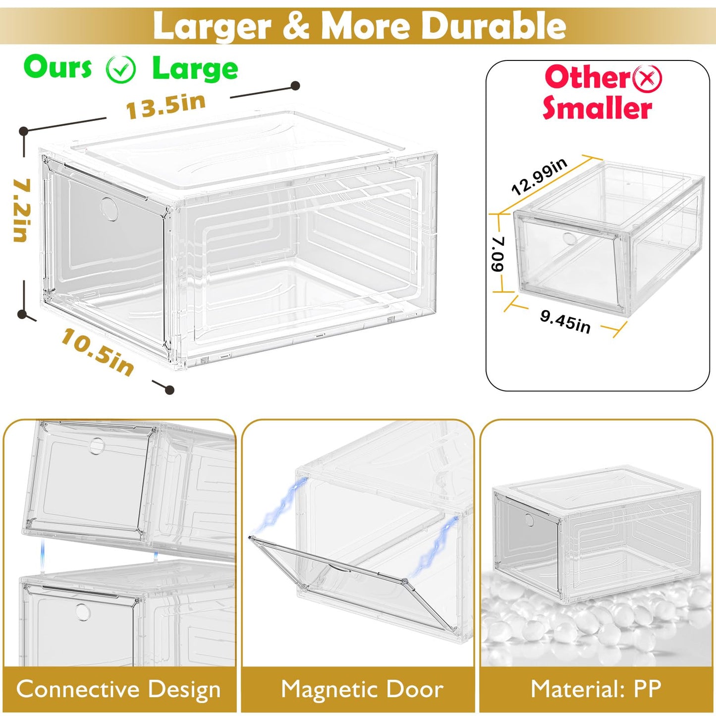 7 code Large Clear Shoe Boxes Organizer【Thicker Material】 Stronger Shoe Box with Magnetic Door, Stackable Shoe Storage Box for Closet, Foldable Space-Saving Storage Bins Shoe Cabinet, White 9 Pack