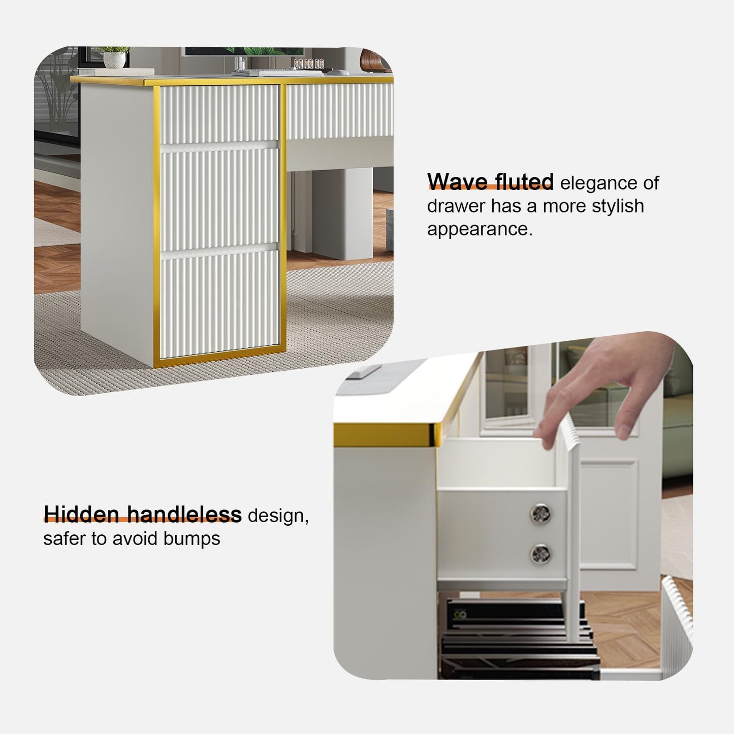 4 EVER WINNER White Desk with Drawers, 47 Inch Computer Desk with 4 Drawers & Hidden Handle, Home Office Desks with Storage Vanity Writing Table for Study, White and Gold Desk