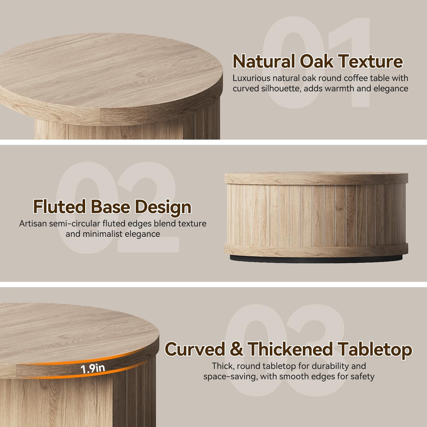 31-Inch Round Wood Center Tea Tables with Shelf for Living Room, 2-Tier Fluted Coffee Table with Circle Wooden Tabletop and Open Shelves for Home Apartment Small Spaces, Natural Oak
