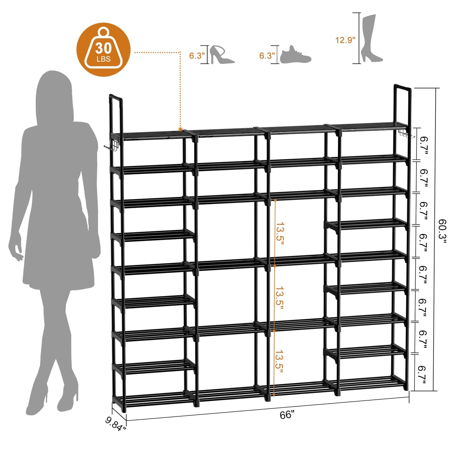 WOWLIVE 4 Row 9 Tiers Extra Large Shoe Rack 72-80 Pairs Big Tall Metal Shoe Shelf, Heavy Duty Organizer for Closet Entryway, Boot Rack Storage Stackable Stand for Garage Black
