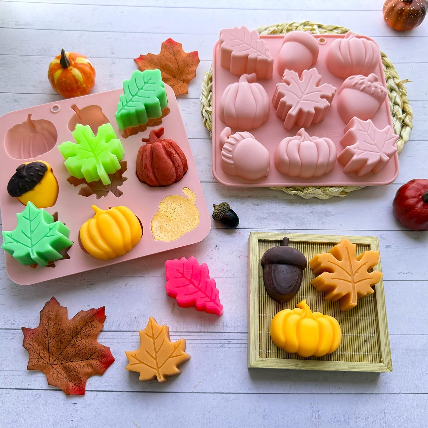 2Pcs 3D Pumpkin Silicone Mold Fall Silicone Mold Halloween Thanksgiving Candy Mold Autumn Maple Leaf Acornshape Chocolate Candy Cake Pan Baking Tray Molds for Cake Decoration upcake Toppers Resin Cand