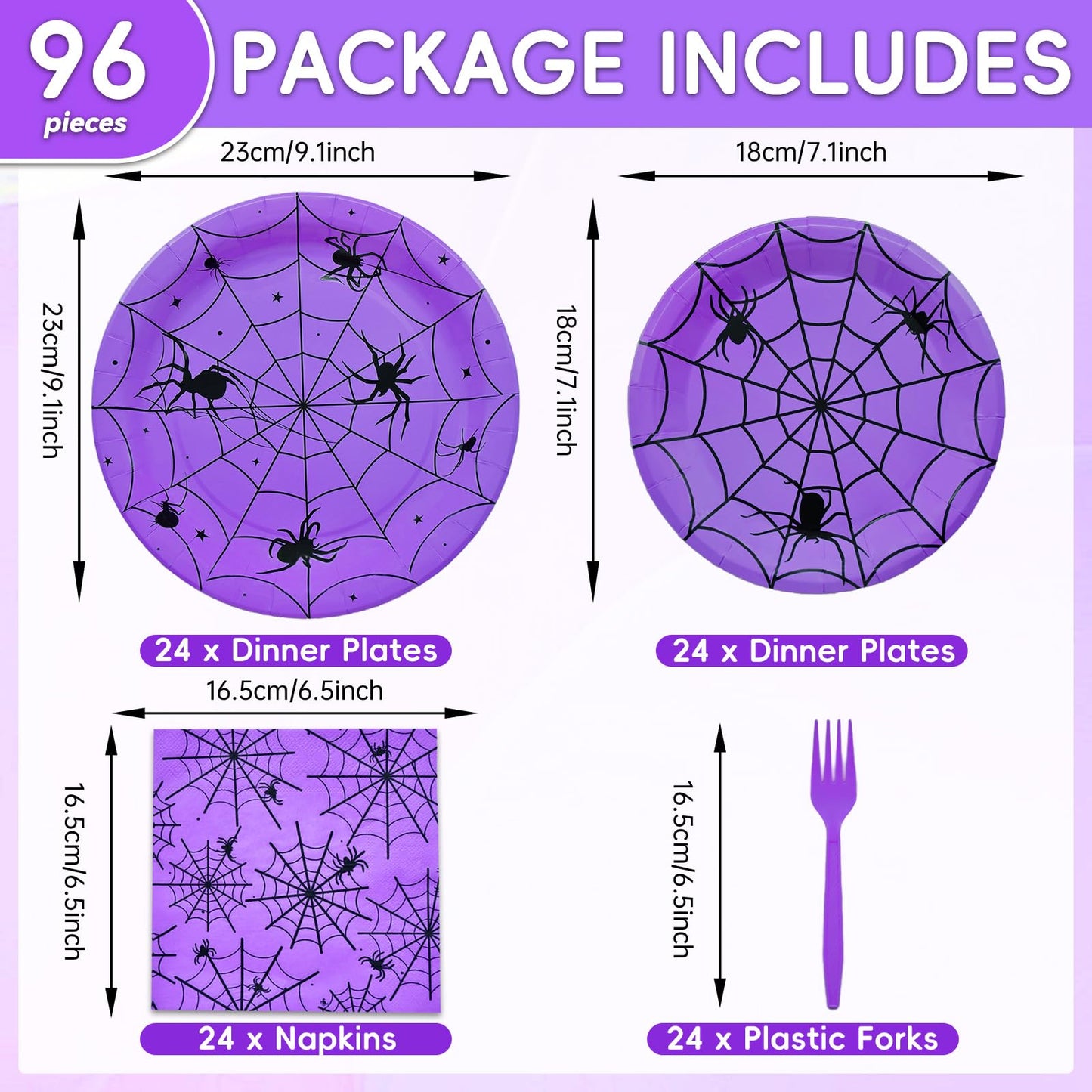 96 Pieces Halloween Spider Web Tableware Party Supplies - Disposable Dinnerware Set with Paper Plates, Napkins, and Forks for Spooky Halloween Party Supplies, Birthday Decorations - Serves 24 (Purple)