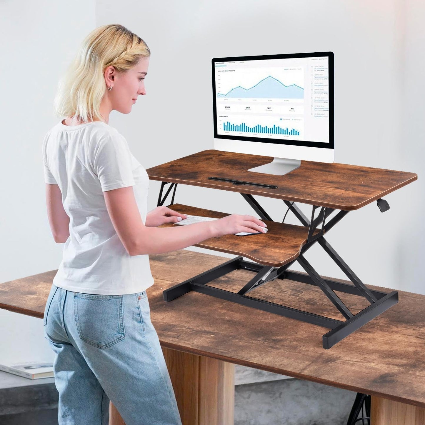 37 Inch Standing Desk Converter - Manual Pneumatic Spring, Two Monitor Stable Standing Desk Converter, 5.9"to18.8"Height Adjustable Laptop Workstation With Keyboard Tray For Home, Company(Tiger Brown)