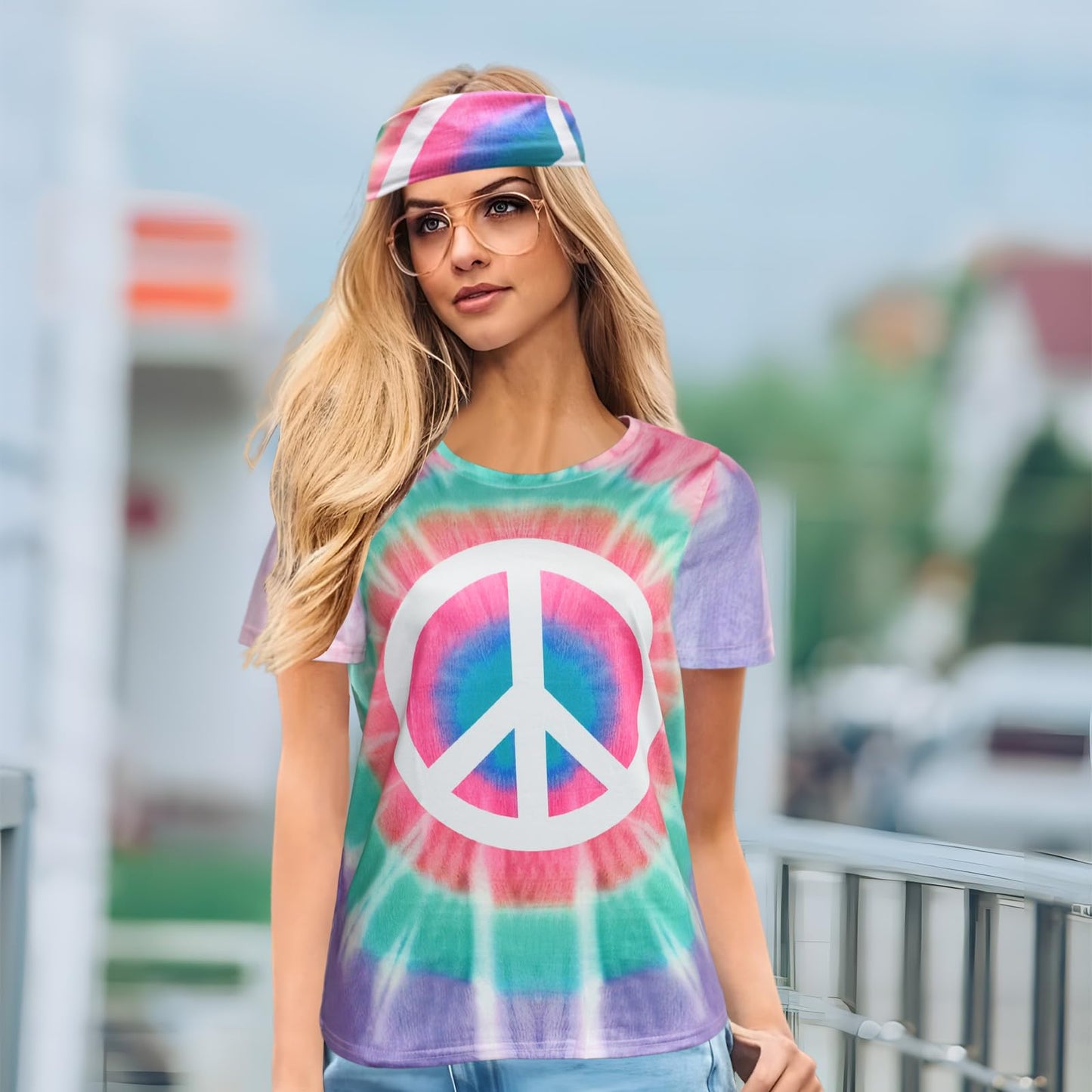 XonyiCos Hippie Costume for Women 60s and 70s colorful T-shirt and headband 2-piece theme party (Peace White Green Blue, X-Large)