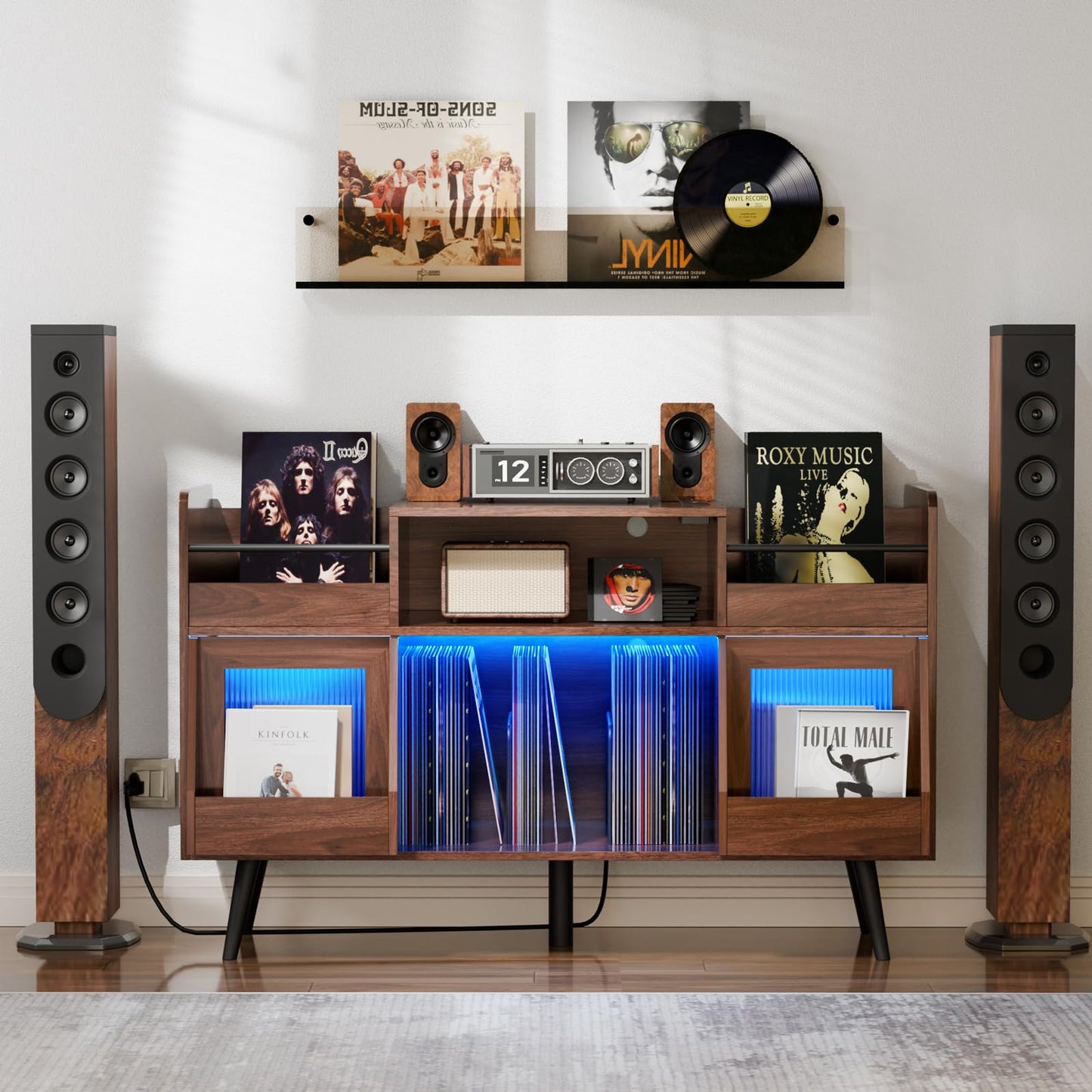 XL Record Player Stand with Sliding Door,500 Vinyl Record Storage Cabinet, Record Player Table with Power Outlet & LED Light,Turntable Stand with Wood Legs for Living Room,Office