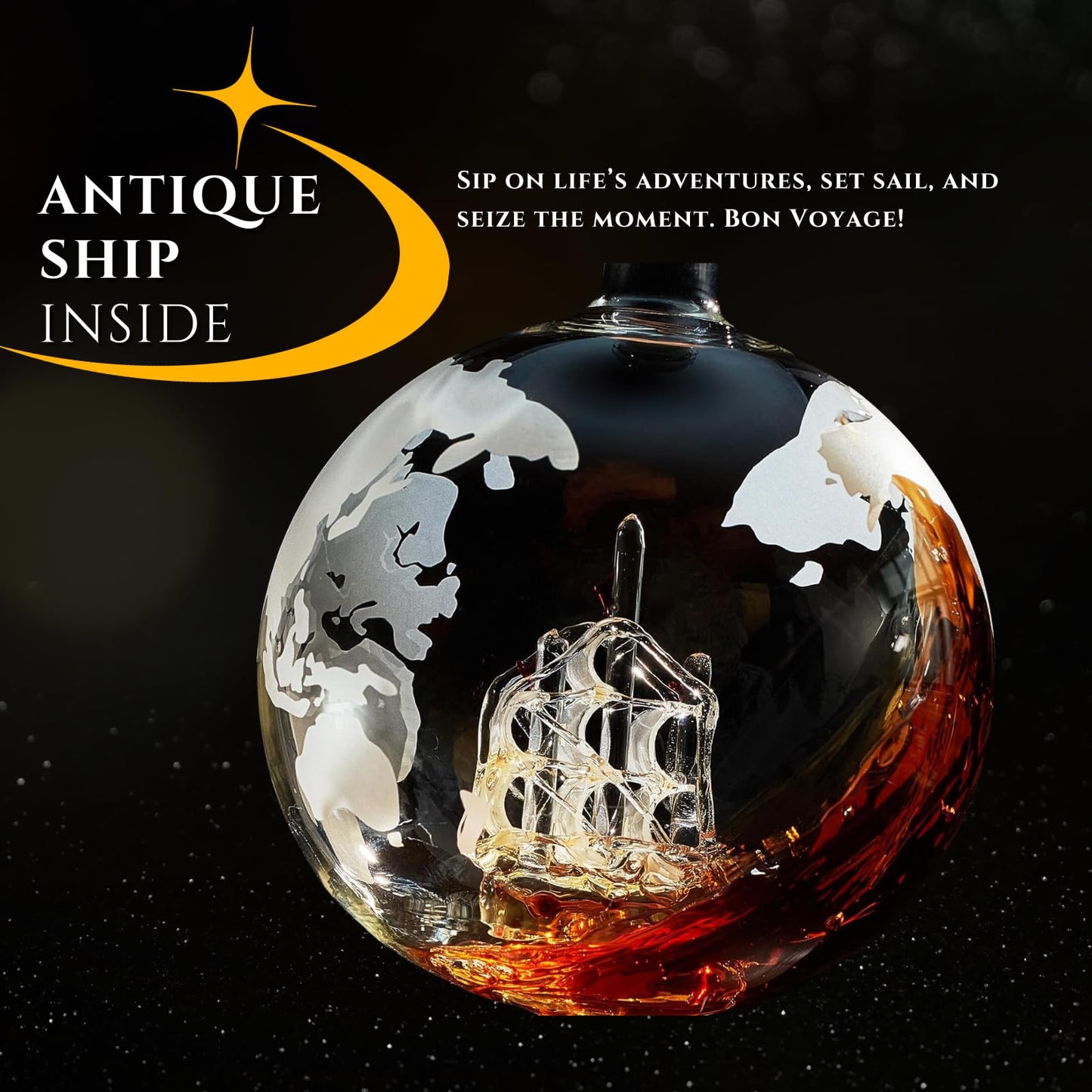 Whiskey Decanter Rotating Globe Set with 2 Etched Whiskey Glasses - Gifts Men Dad, Anniversary Birthday House Warming, Liquor Scotch Bourbon Vodka Gift Him Husband 850ml Ship Decanters, Electronic Set