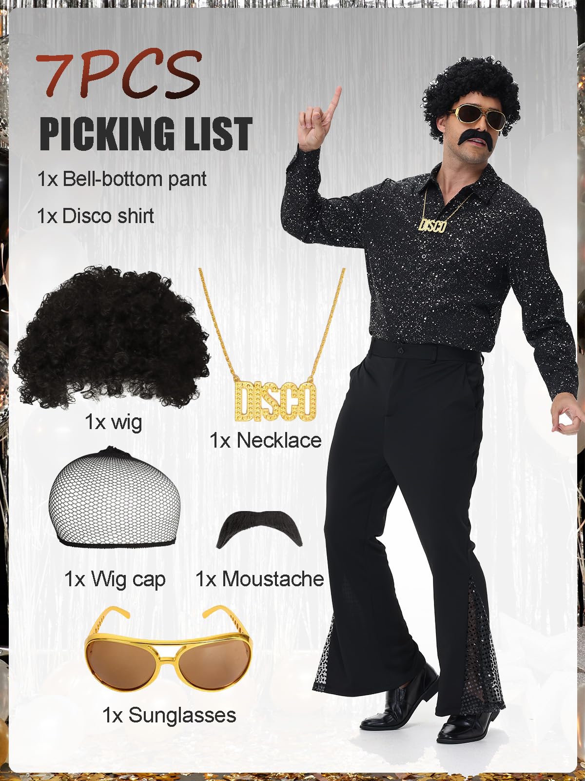 70s Outfits for Men, 7Pcs Mens Disco Costume Retro Shirt Bell Bottom Pants Wig Sunglasses Necklace Wig Cap for Disco Party