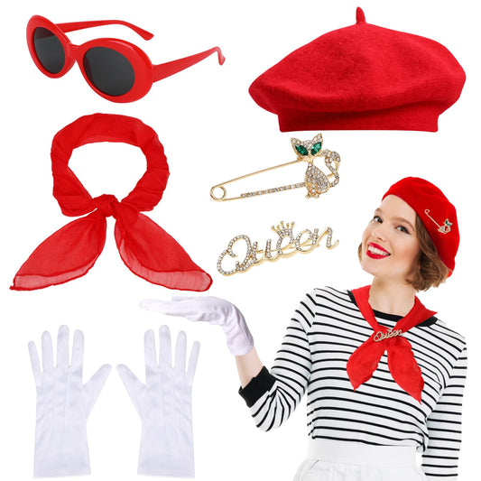 XEPST 6PCS French Women set - 50s Fancy Dress for Women with French Beret Sunglasses Scarf Gloves French Artist Mime Kit for Women Girls Halloween Costumes Cosplay Carnival Fancy Dress Up, Red, MT214