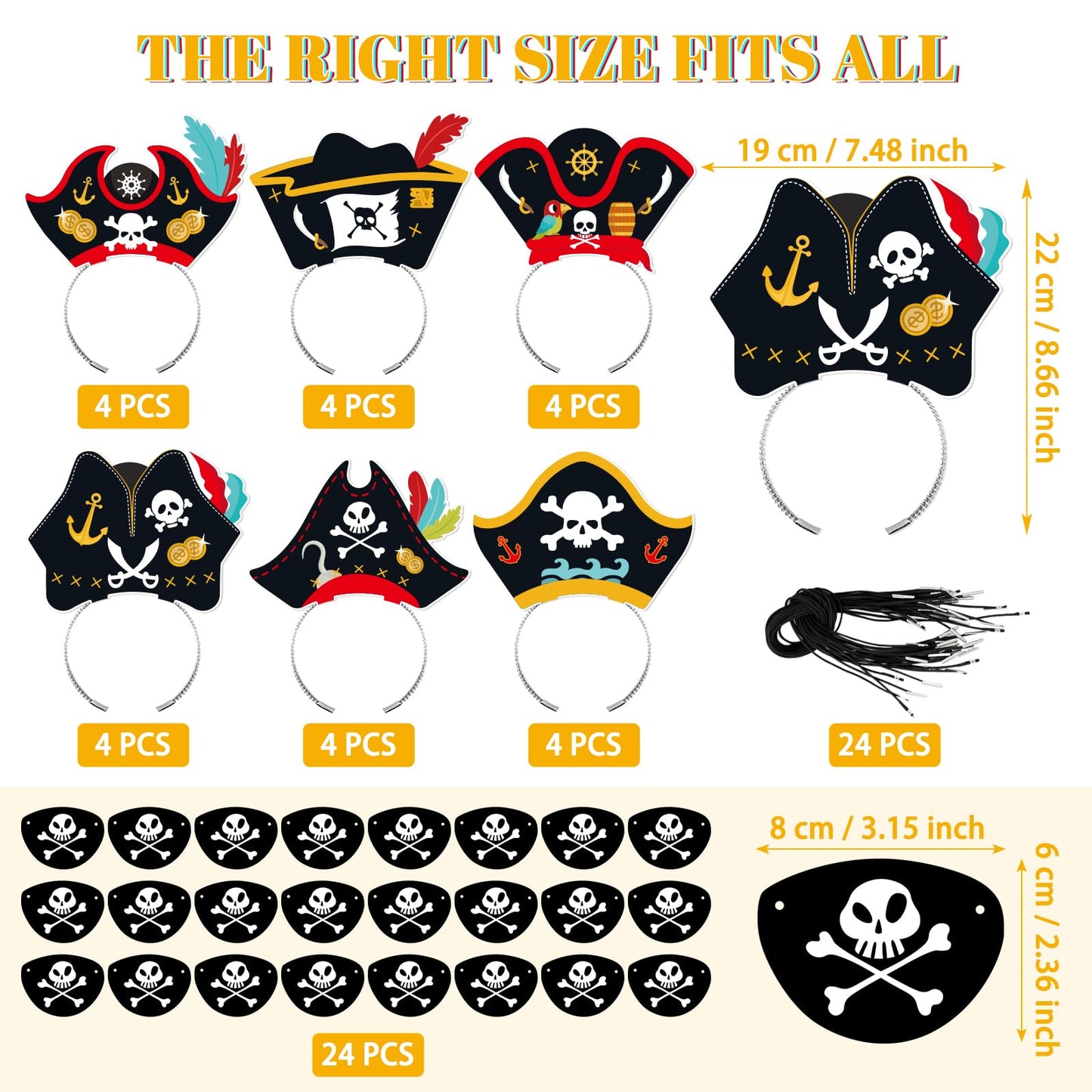 24 Set Pirate Hat Headbands & Eye Patches, Paper Pirate Costume Accessories Decoration for Pirate Theme Party Supplies Halloween Fancy Dress Caribbean Cosplay - Party Favors for Boys & Girls (48 Pcs)