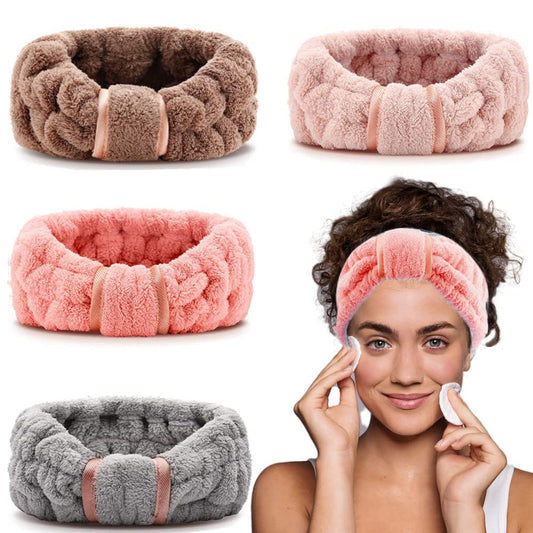 4 Pack Microfiber Towel Headbands for Washing Face, Spa & Skincare - Women & Girls (Coffee, Flesh Pink, Grey, Bright Red)
