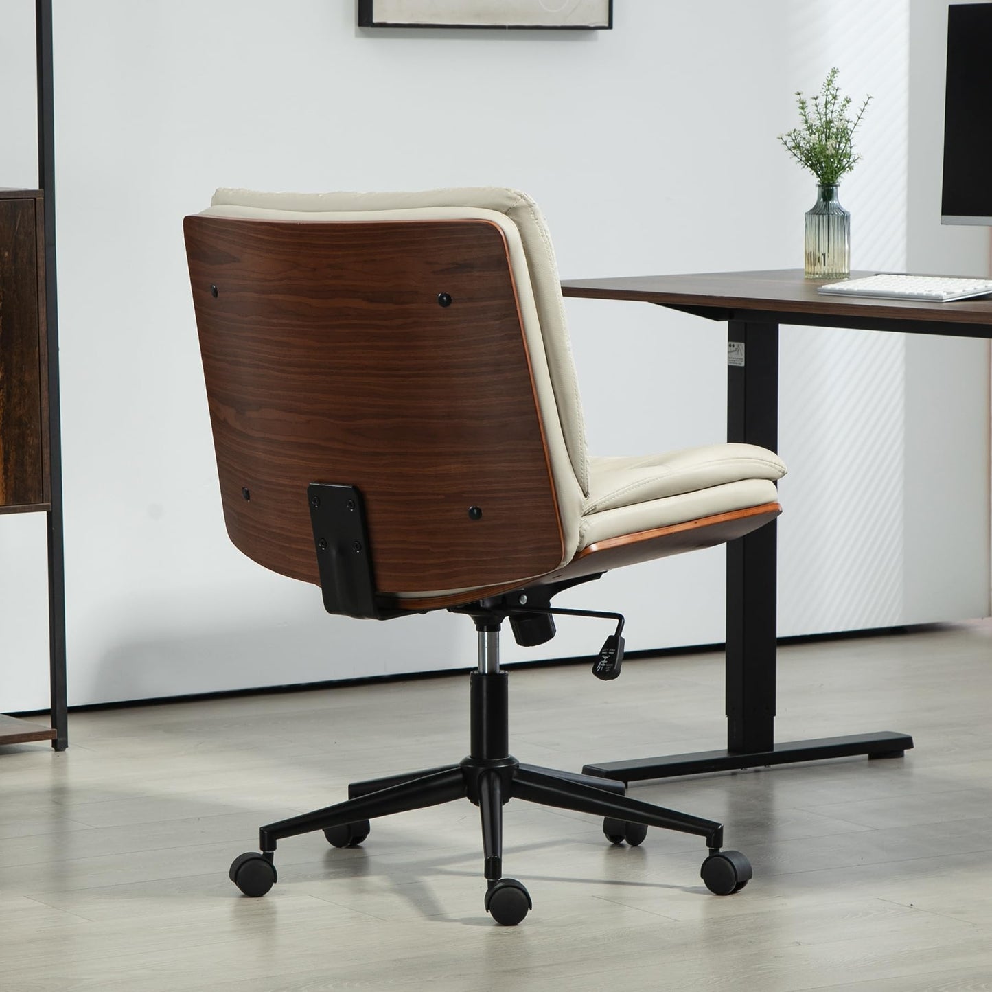 WQSLHX Office Chair, Criss Cross Legged Office Desk Chairs with Wheels, PU Leather Adjustable Swivel Walnut Task Chair with Wide Seat, Ergonomic Mid Back Computer Chair for Meeting Room, Home