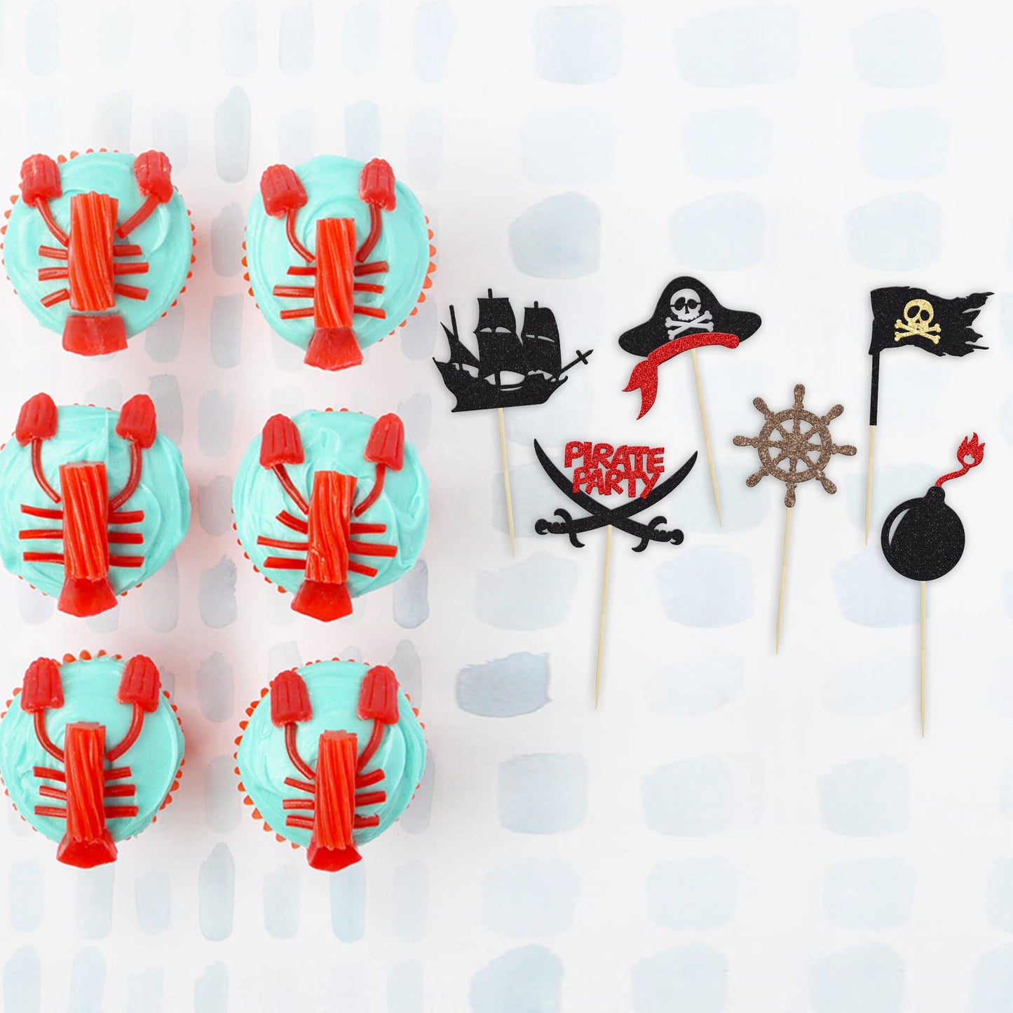 24Pcs Pirate Cupcake Toppers Black Glitter Nautical Sailing Skull Cap Cupcake Picks for Pirate Theme Baby Shower Kids Birthday Party Cake Decorations Supplies