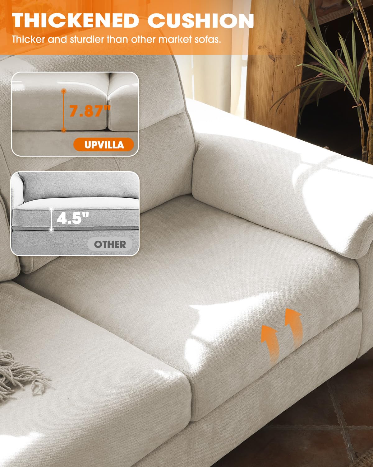 88.97" Modern Couches for Living Room, Deep Seat Sofa with 8”Cushion, Comfy 2-Seater Chenille Loveseat Sofa with Convertible Armrest, Removable Sofa Cover, High Leg (Beige)