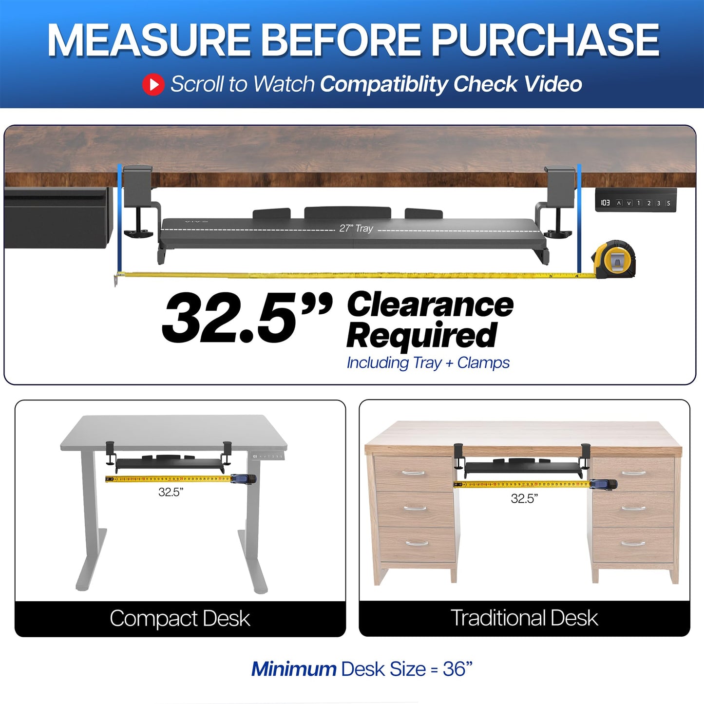 VIVO Large Keyboard Tray Under Desk Pull Out with Extra Sturdy C Clamp Mount System, 27 (33 Including Clamps) x 11 Inch Slide-Out Platform Computer Drawer for Typing, Black, MOUNT-KB05E