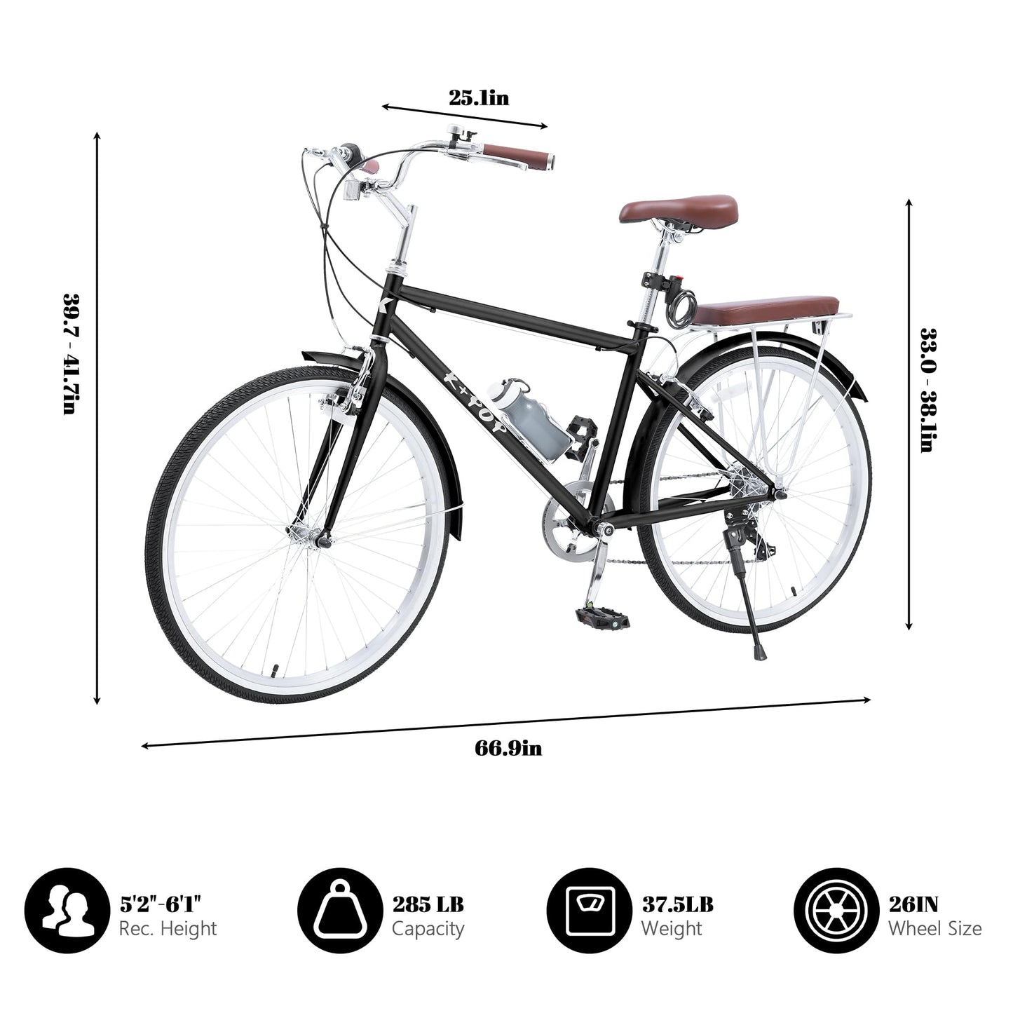 26 Inch Beach Cruiser Bike Mens Bicycle, 7-Speed Adult Bikes for Men, City Complete Cruiser Bikes with Water Cup, Adult Bicycles with Dual V-Brake (Black)