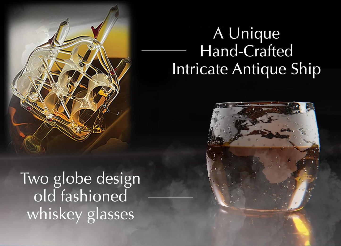 Whiskey Decanter Globe Set with 2 Etched Globe Whisky Glasses | Liquor Decanter | Whiskey Stones, Ice Tong, Funnel - Gifts For Men Dad, Husband - Liquor, Bourbon, Scotch, Vodka, Wood Stand - 850ml