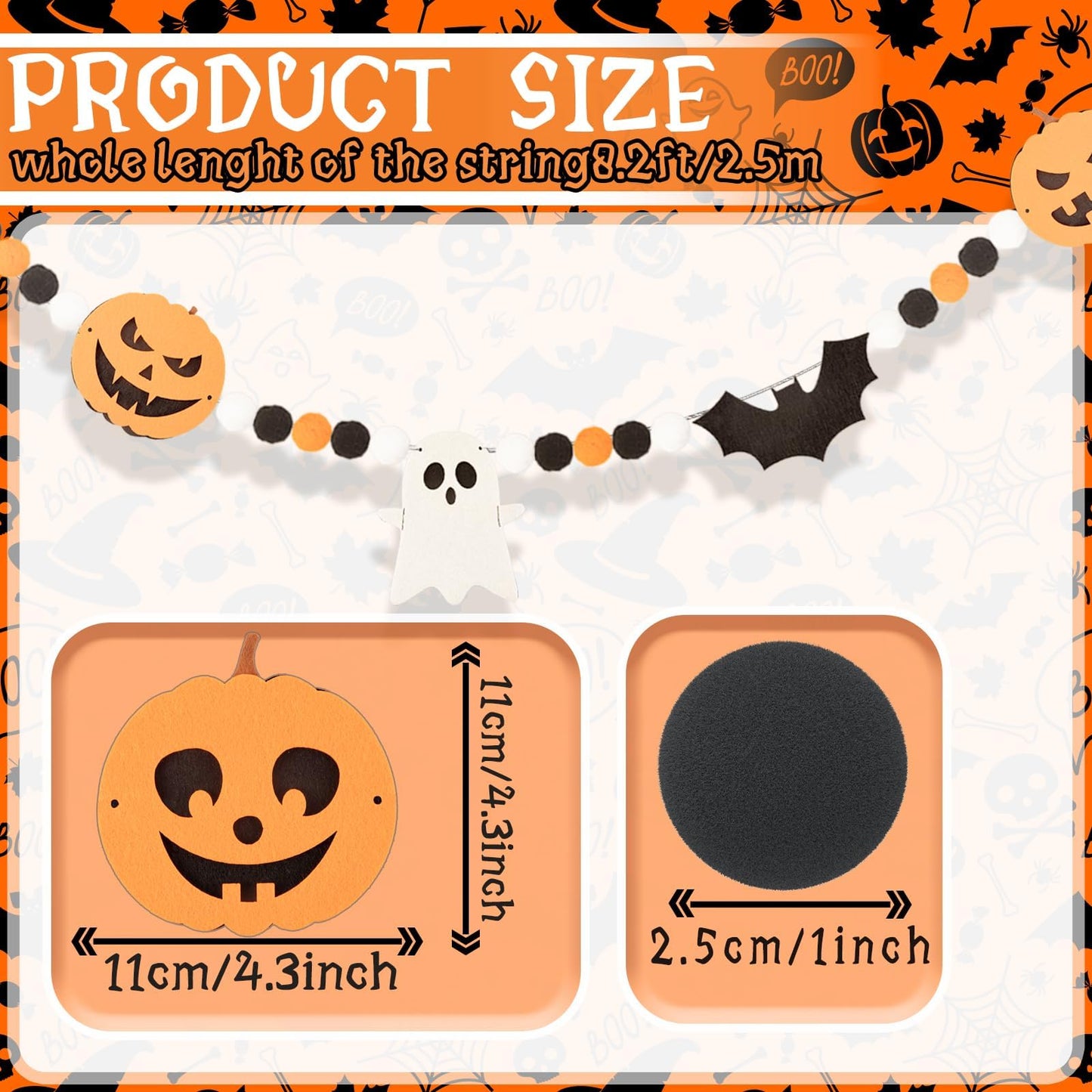 24.6Ft Felt Banner - Cute Pumpkin Ghosts Expressions Bat Pom Pom Garlands - Halloween Party Decorations - Indoor/Outdoor Hanging Decor