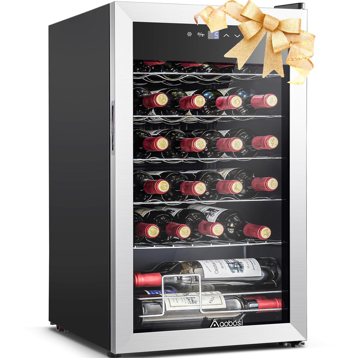 AAOBOSI 17 Inch Wine Cooler, 24 Bottles Wine Fridge, Wine Refrigerator Small with LED Display Light, Freestanding Wine Cellar with Low Noise Compressor, Adjustable Shelves