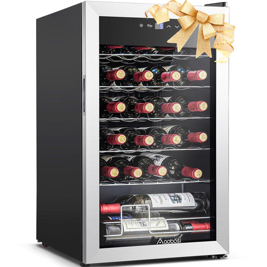 AAOBOSI 17 Inch Wine Cooler, 24 Bottles Wine Fridge, Wine Refrigerator Small with LED Display Light, Freestanding Wine Cellar with Low Noise Compressor, Adjustable Shelves