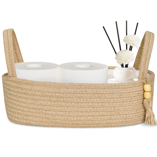 ABenkle Small Storage Basket for Toilet Tank Top - Jute Rope Woven Organizer with Handle, Boho Countertop Bathroom Decor, Toilet Paper Holder, 13x6x4 Inch