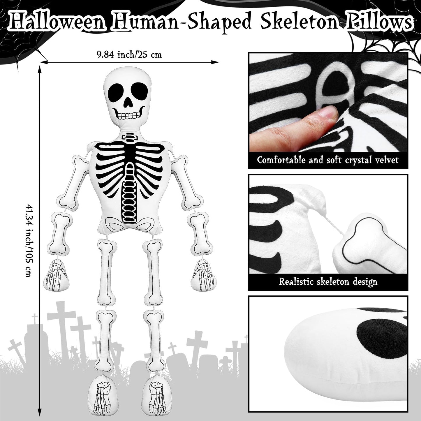 Wonderjune Halloween Skeleton Pillows Realistic Skull Shaped Decorative Gothic Pillow Human-Shaped Plush Stuffed Soft Pillow for Halloween Sofa Bed Home Couch Decor(Classic)