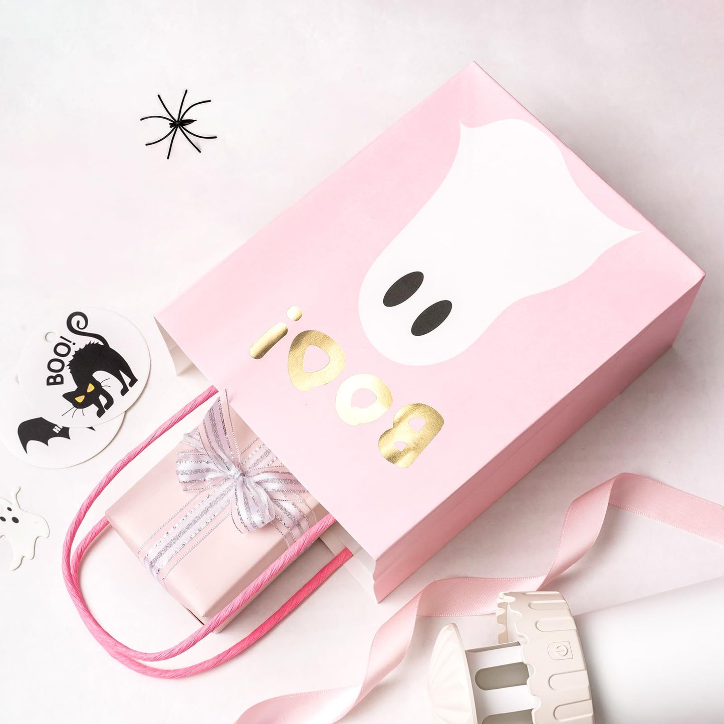 WRAPAHOLIC 12 Pack 7" Small Halloween Kraft Paper Gift Bags - Gold Foil Boo and Pink Ghost Gift Bag for Baby Shower, Holiday, Party Gift Wrap