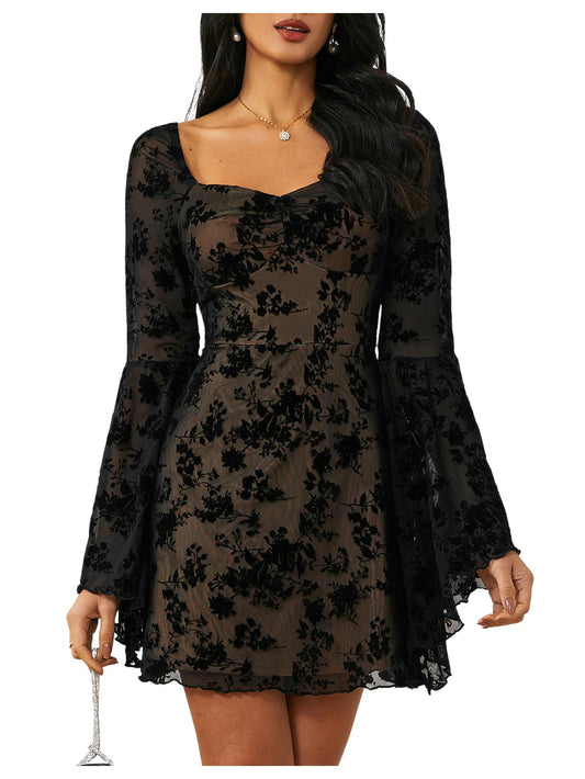 WDIRARA Women's Floral Jacquard Mesh Gothic Dress Bell Long Sleeve A Line Vintage Dresses Black Large