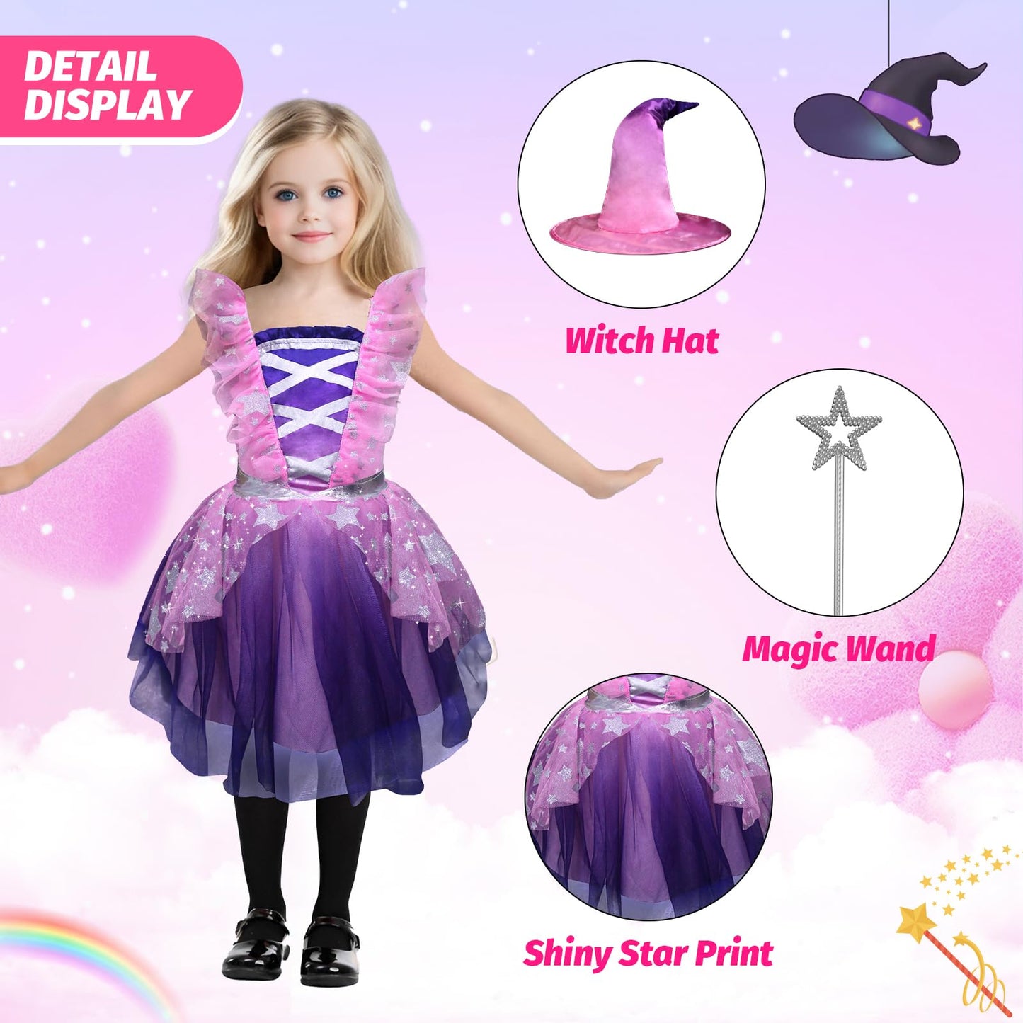 XXLOG Witch Costume for Girls Princess Dress with Hat and Wand Party Halloween Costumes for Kids S