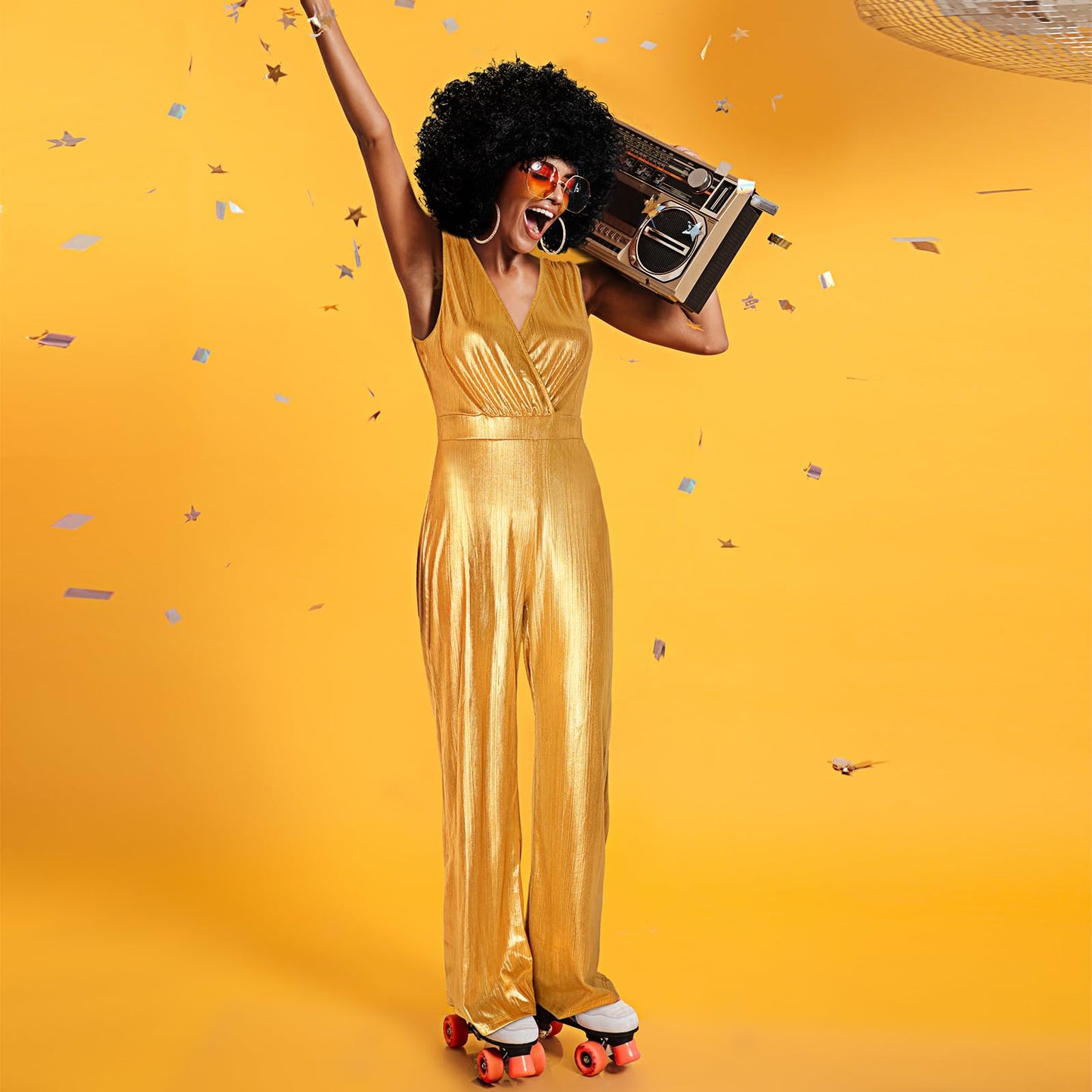 Yahenda 3Pcs Women Disco Doll Costume 70'S Gold Jumpsuit Outfit with Short Curly Wigs, Large Hoop Earrings for Halloween (Large)