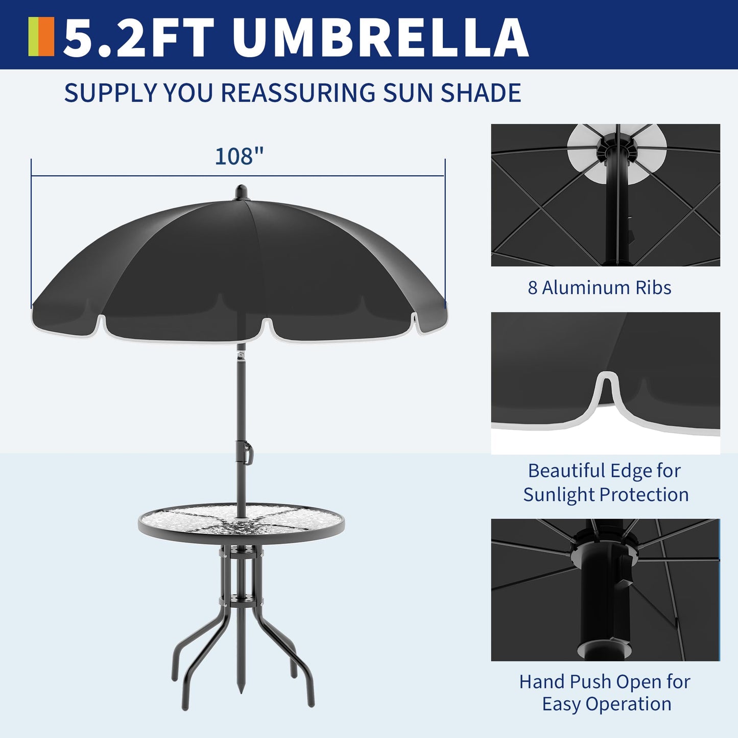 6 Pieces Outdoor Dining Set With Umbrella, Patio Table and 4 Folding Chairs With Umbrella, Garden Patio Furniture Set With Umbrellas, Tempered Glass Top Dining Table