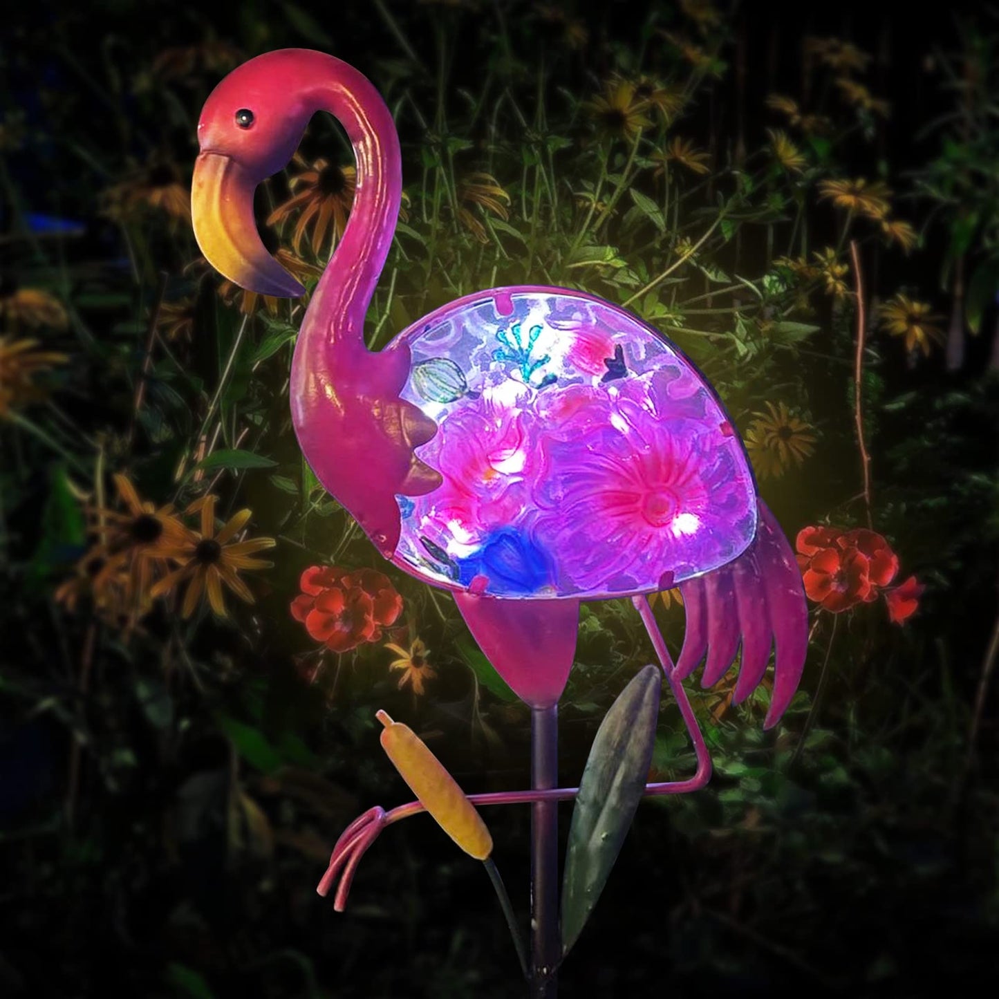 WUFEILY Solar Garden Lights, Glass & Metal Flamingo Solar Garden Decor Solar Pathway Lights Solar Garden Stakes Decorative Yard Art Yard Decor Waterproof for Patio Lawn Courtyard