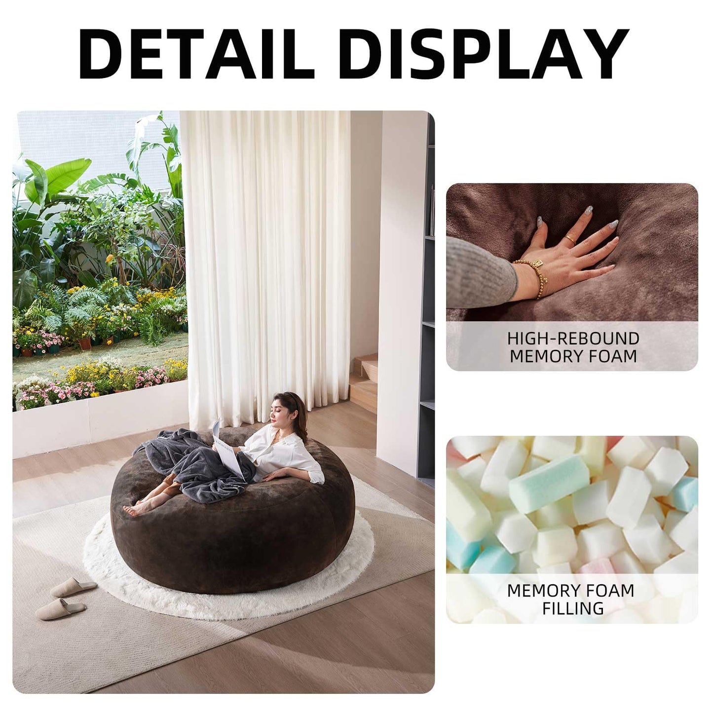 5FT,Giant beanbag Chairs for Adults,Bean Bag with Filler Included,Soft and Comfortable Memory Foam Chair,Extra Large Bean Bag，Adult Living Room，Leisure Chair Suitable for Bedroom and Dormitory(Brown)