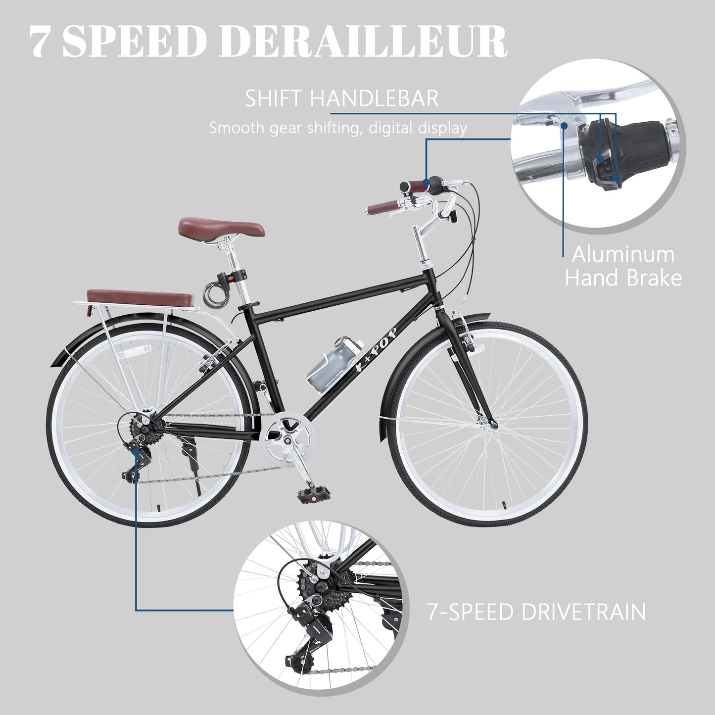 26 Inch Beach Cruiser Bike Mens Bicycle, 7-Speed Adult Bikes for Men, City Complete Cruiser Bikes with Water Cup, Adult Bicycles with Dual V-Brake (Black)