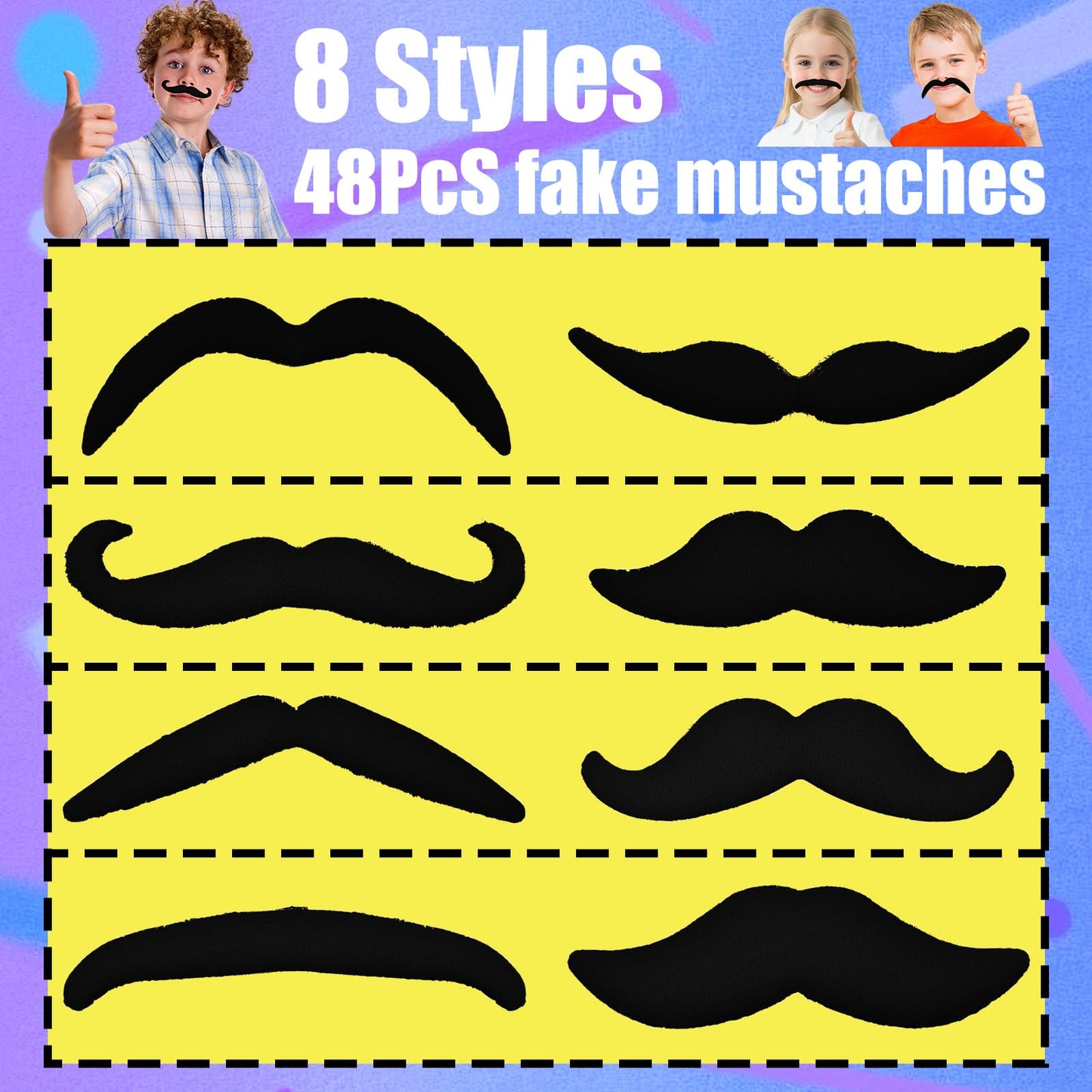 48 Pcs Fake Mustaches for Kids and Adults – 8 Styles Self-Adhesive Stick-On Mustache Set for Halloween, Costume Parties, Disguise Games, and Cosplay Accessories