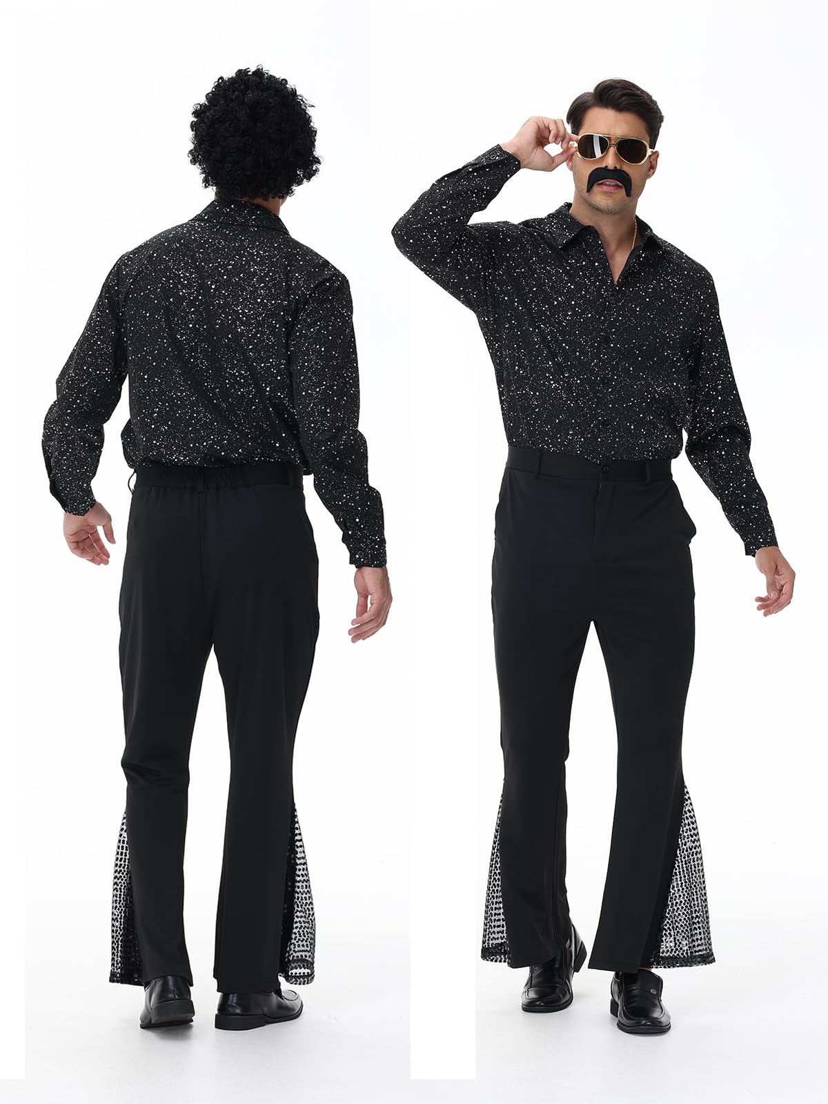70s Outfits for Men, 7Pcs Mens Disco Costume Retro Shirt Bell Bottom Pants Wig Sunglasses Necklace Wig Cap for Disco Party