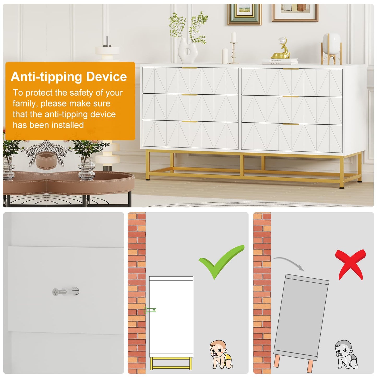 6 Drawer Dresser for Bedroom with Metal Legs, Storage Chest Cabinet Organizer for Living Room,Hallway,Entryway - White