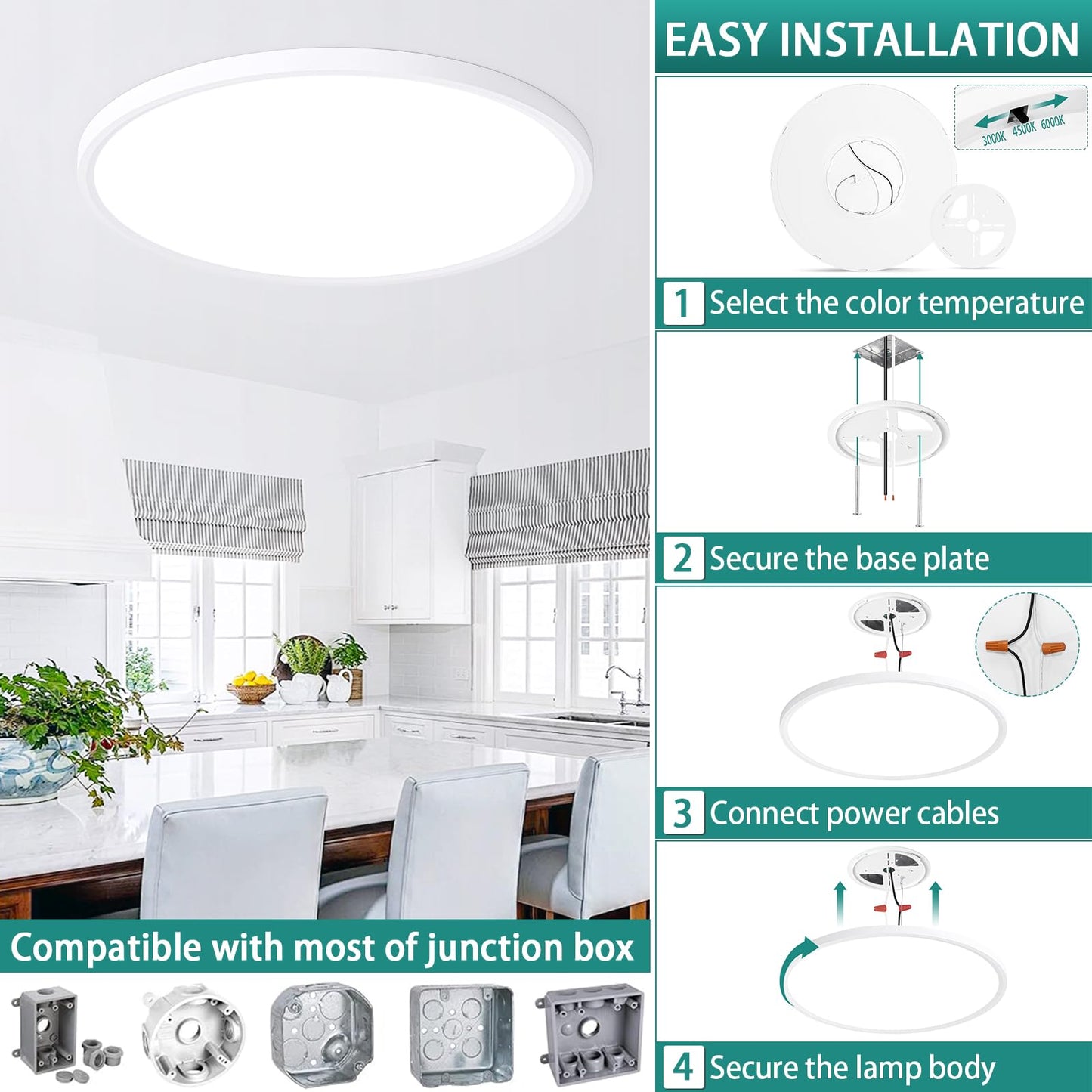 24 Inch Dimmable LED Ceiling Light Fixture, Ultra Thin Flush Mount, 48W 4800Lumen, 3 Color Changeable, Round, White, for Dining Room, Living Room, Bedroom, Office, Hotel