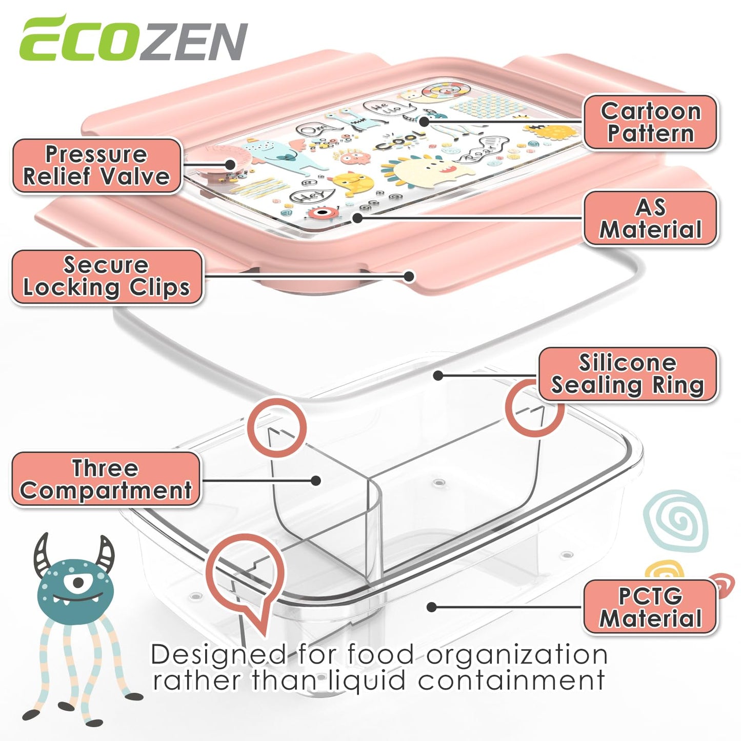WHALEHOUSE Clear Eco-friendly ECOZEN PCTG Bento Lunch Box for Kids, 3 Compartment Durable Plastic Meal Prep Container, Airtight Food Storage Containers with Snap Locking Lids (Pink, 750ML)