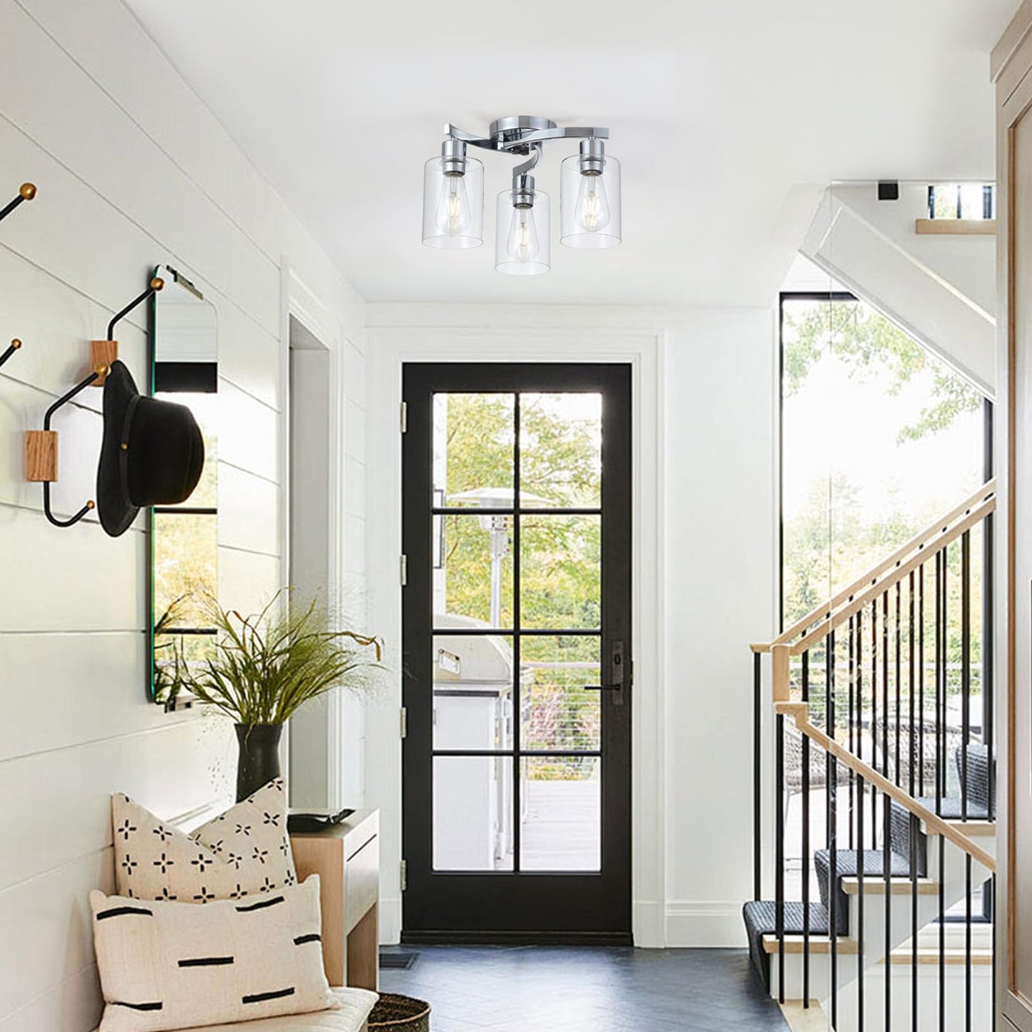3WWWUEE 3-Light Semi Flush Mount Ceiling Light, Modern Close to Ceiling Light Fixtures with Clear Glass Shades, Chrome Light Fixture for Kitchen, Dining Room, Hallway, Entryway, Foyer