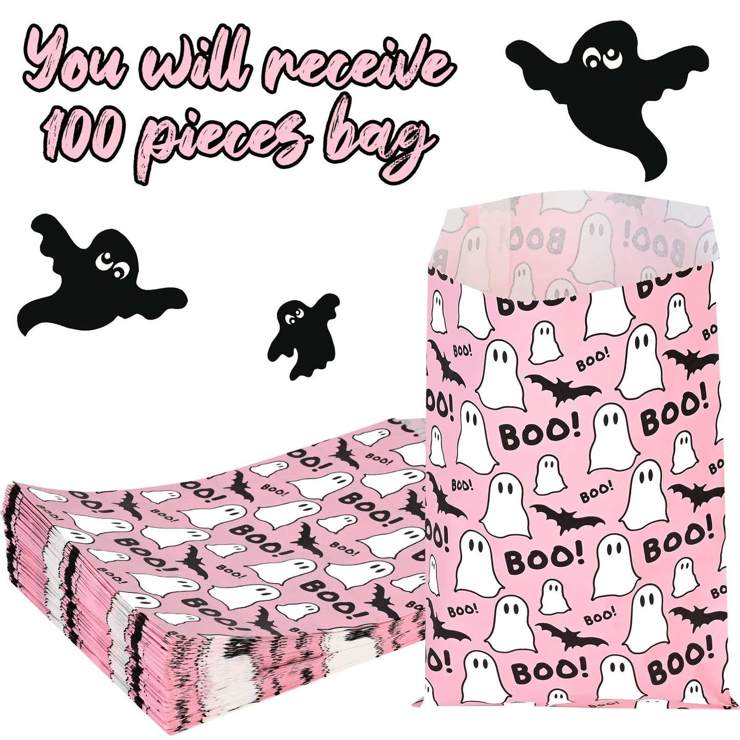 100pcs Halloween Treat Bags - Pink & Black Boo Ghost Paper Goodie Candy Bags for Trick or Treat Party Supplies