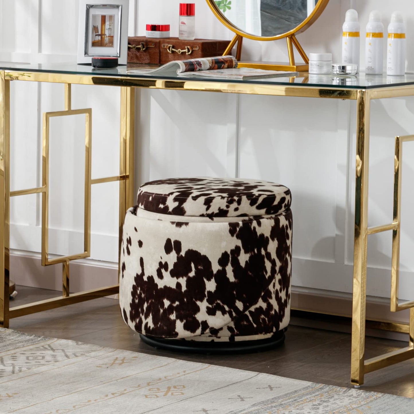 Ya-Home Modern Swivel Ottoman Vanity Chair, Linen Upholstered Barrel Club 360°Degree Swivel Side Stool with Storage, Comfy Makeup Stool for Bedroom Living Room, Milk Cow