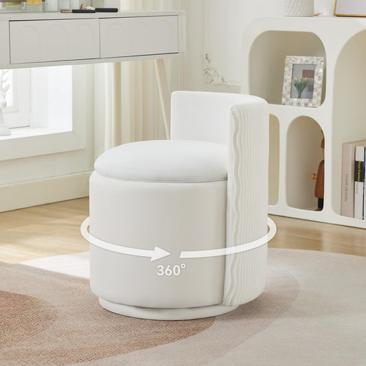 WUTUTUEE Velvet Vanity Chair with Storage, 360° Swivel Makeup Chair with Wave Back, No Assembly Small Accent Stool for Bedroom, Dressing, Living Room, White