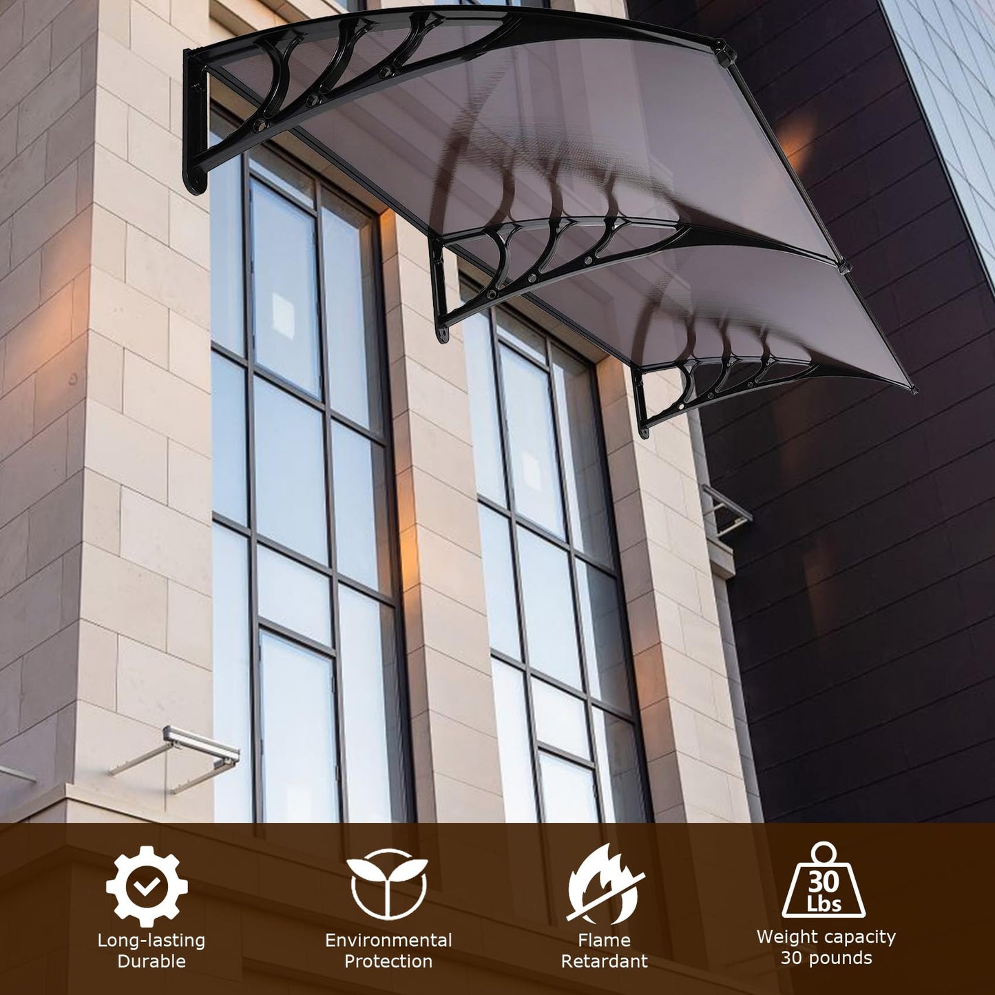 80"x40" Window Awning Door Canopy Exterior, Polycarbonate Cover Awnings for Doors Entrance, Entry Door Outdoor Front Door Overhang Awning for Sun Shutter, UV, Rain and Snow Protection, Brown