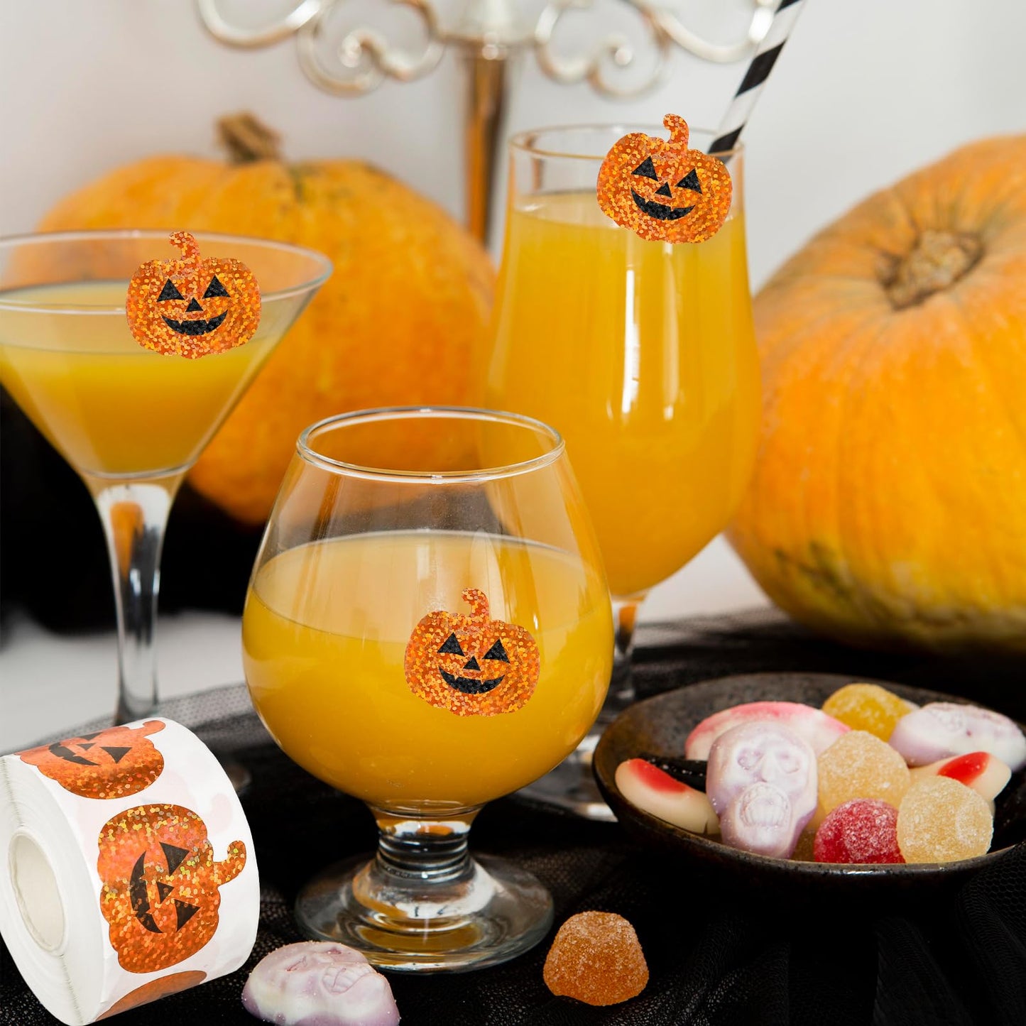 Whaline Halloween Pumpkin Stickers Roll Laser Pumpkin Shape Waterproof Decals Orange Sparkly Self-Adhesive Stickers for Halloween Party Envelope Scrapbook Decor, 500Pcs