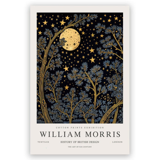 William Morris Moon & Stars Wall Art William Morris Exhibition Poster Vintage Textiles Wall Art for Living Room Bedroom Wall Pictures Decor Aesthetic 8x12in Unframed