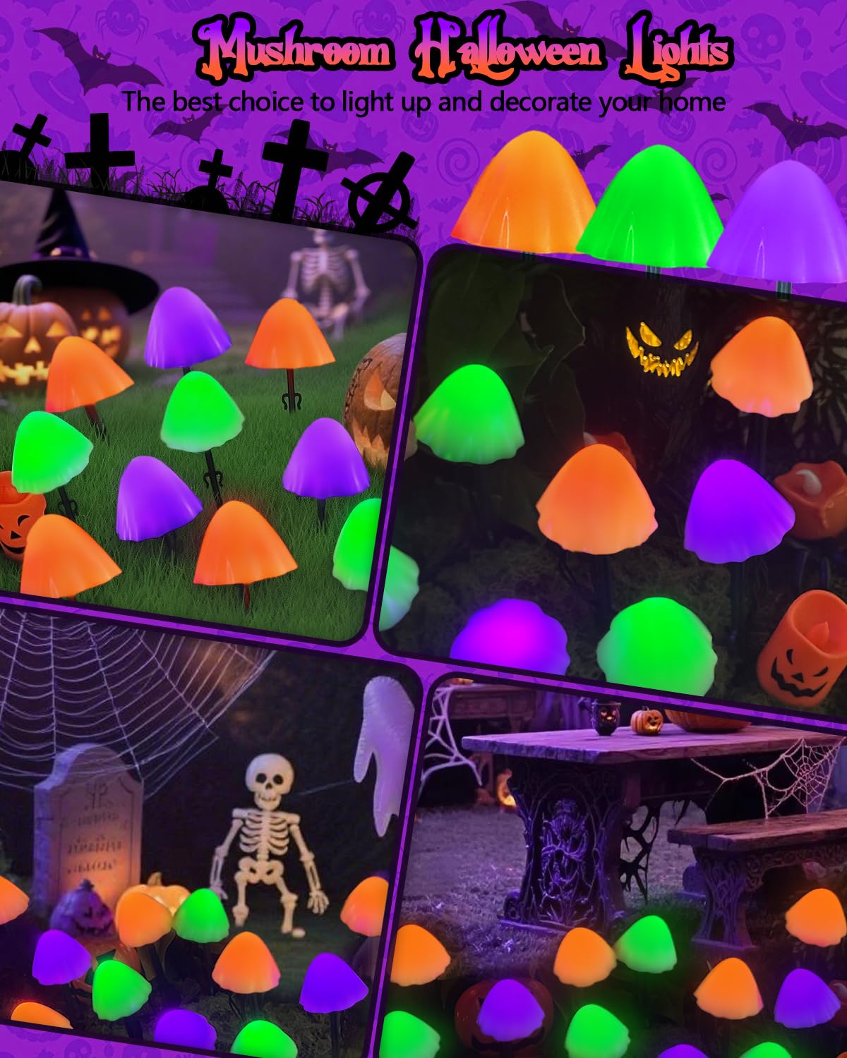 OZS 2PK 32LED 55FT Halloween Lights Mushroom Solar Lights, Halloween Decorations Outdoor with 8 Lighting Modes, Solar String Lights Waterproof for Outside Yard Party, Orange Purple & Green