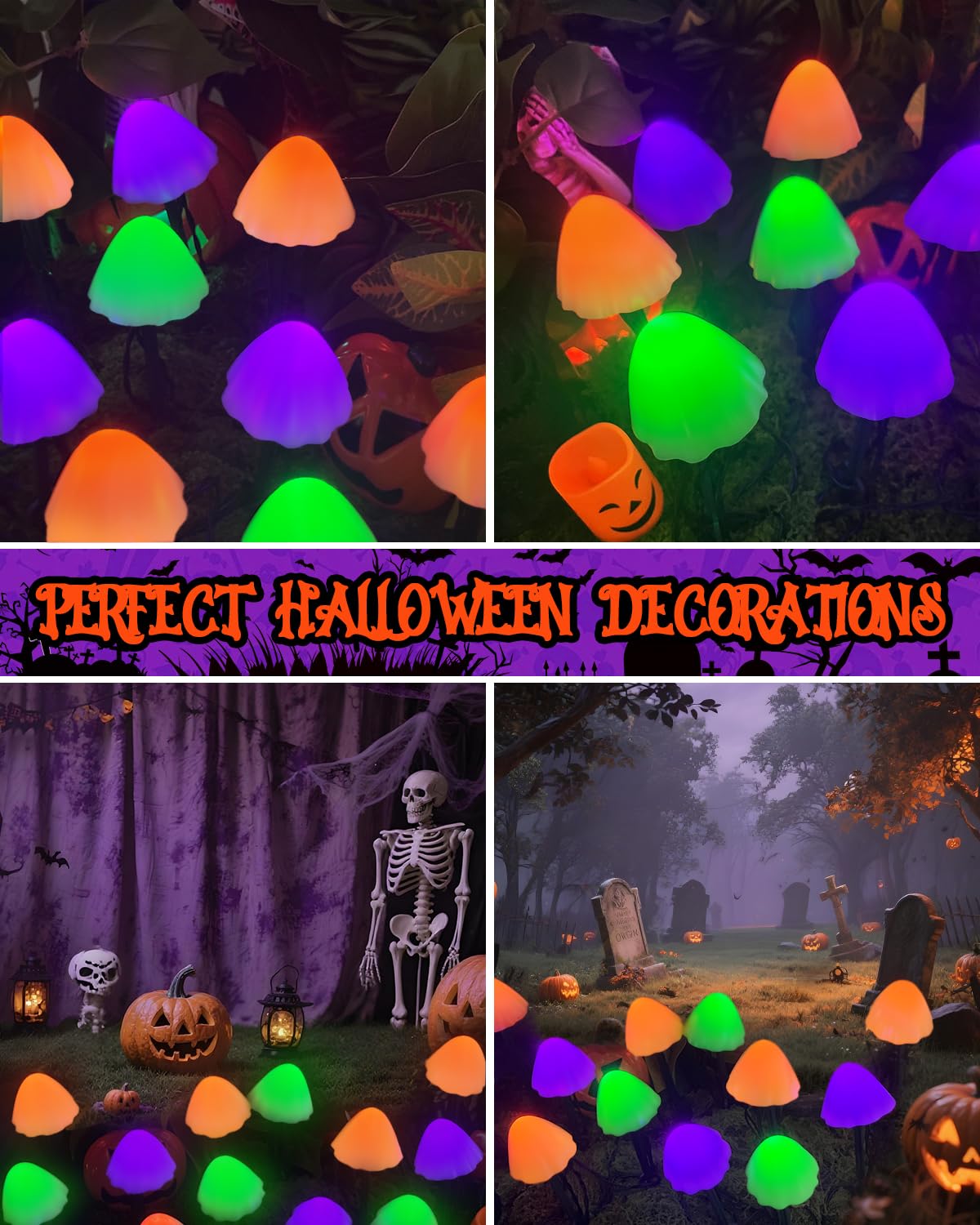 OZS 2PK 32LED 55FT Halloween Lights Mushroom Solar Lights, Halloween Decorations Outdoor with 8 Lighting Modes, Solar String Lights Waterproof for Outside Yard Party, Orange Purple & Green