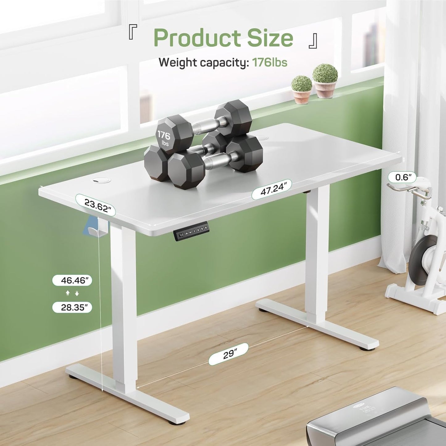 Whitmor Electric Standing Desk - 48 x 24 Inch Height Adjustable Computer Desk, Sit to Stand Home Office Table with Splice Board, 2 Hooks & Wire Hole, White